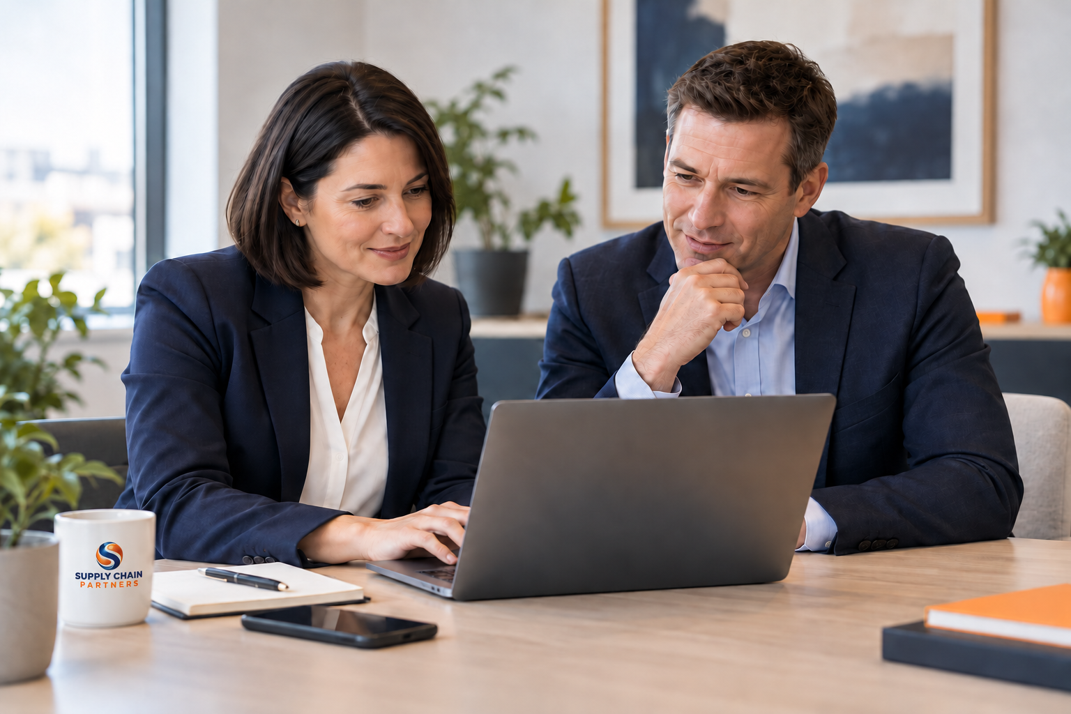 Two colleagues reviewing an enquiry together at a laptop