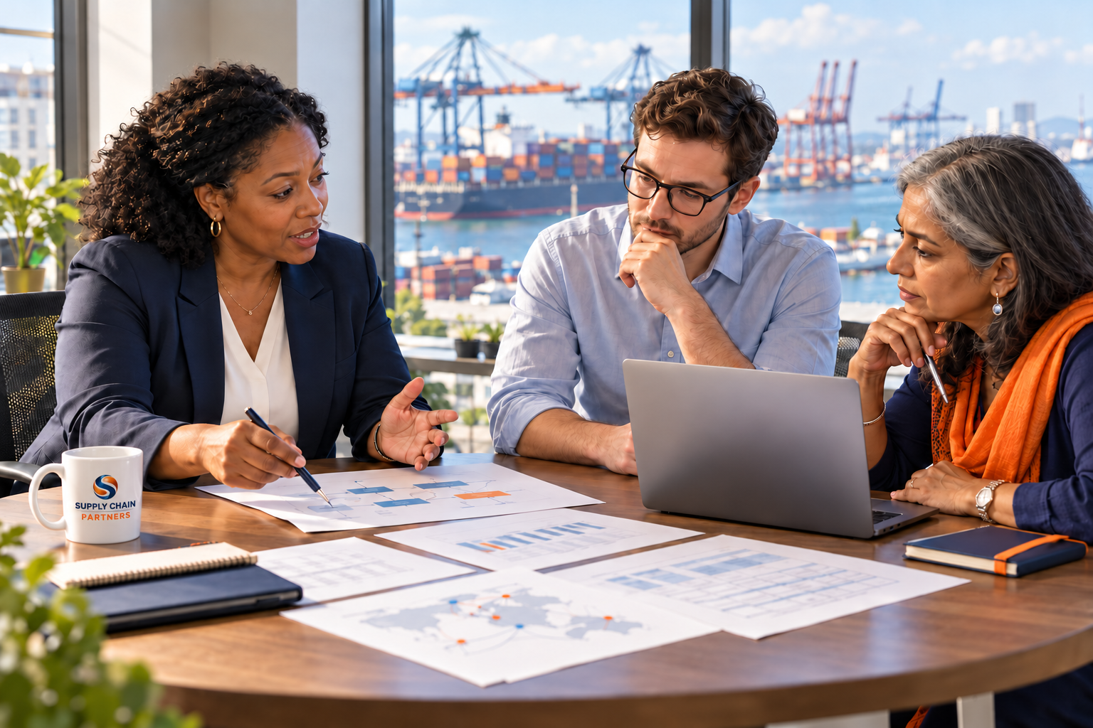 Three colleagues reviewing planning options in an office overlooking a port.