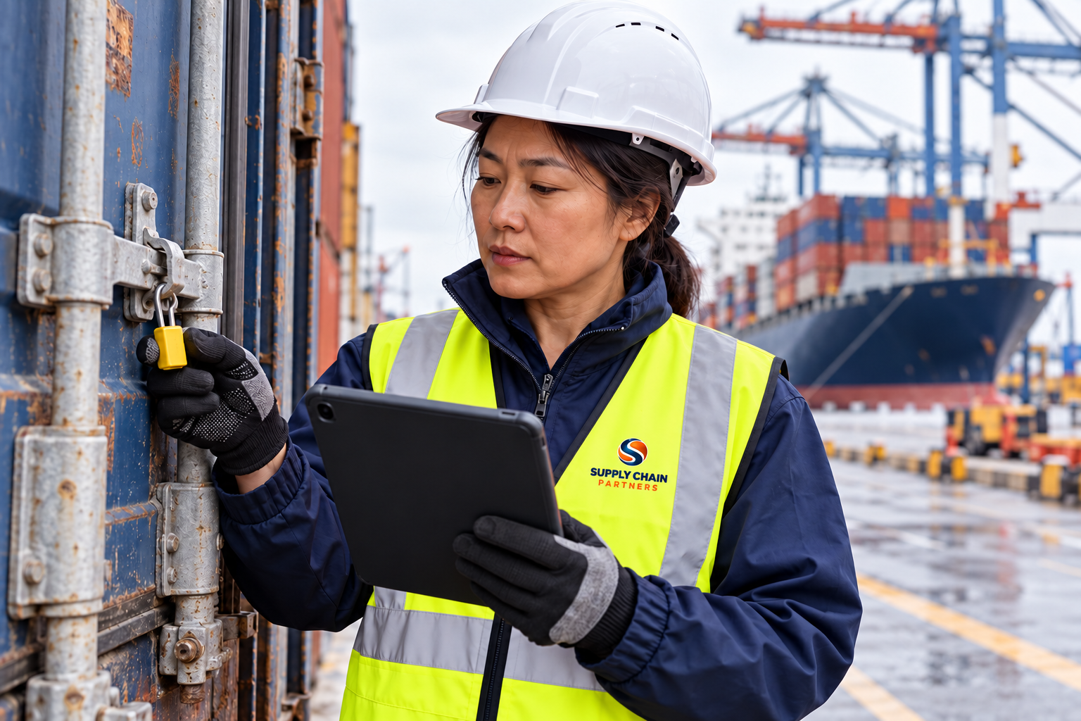 A port colleague comparing a container seal with shipping information on a tablet.