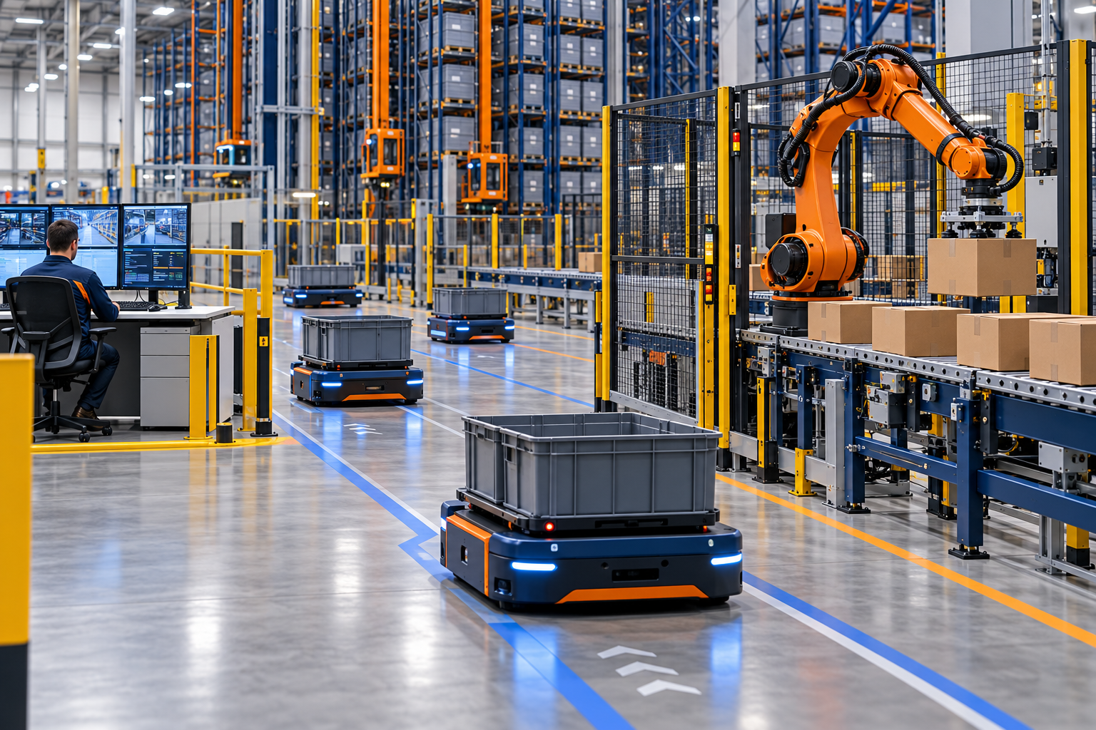 Warehouse scenario with mobile robots, guarded robotic carton handling and conveyors.