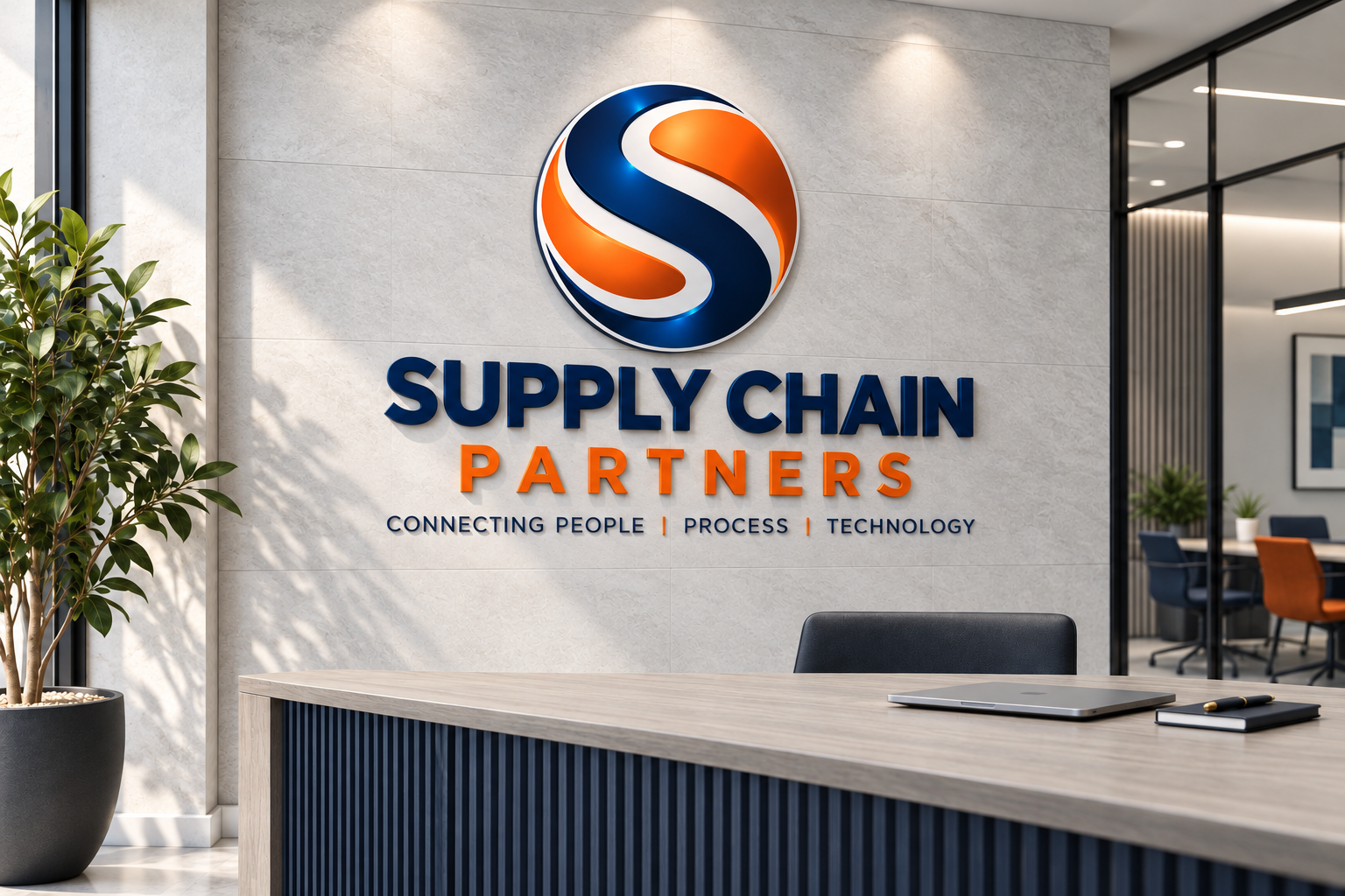 SCP branded reception design concept with a stacked logo feature wall