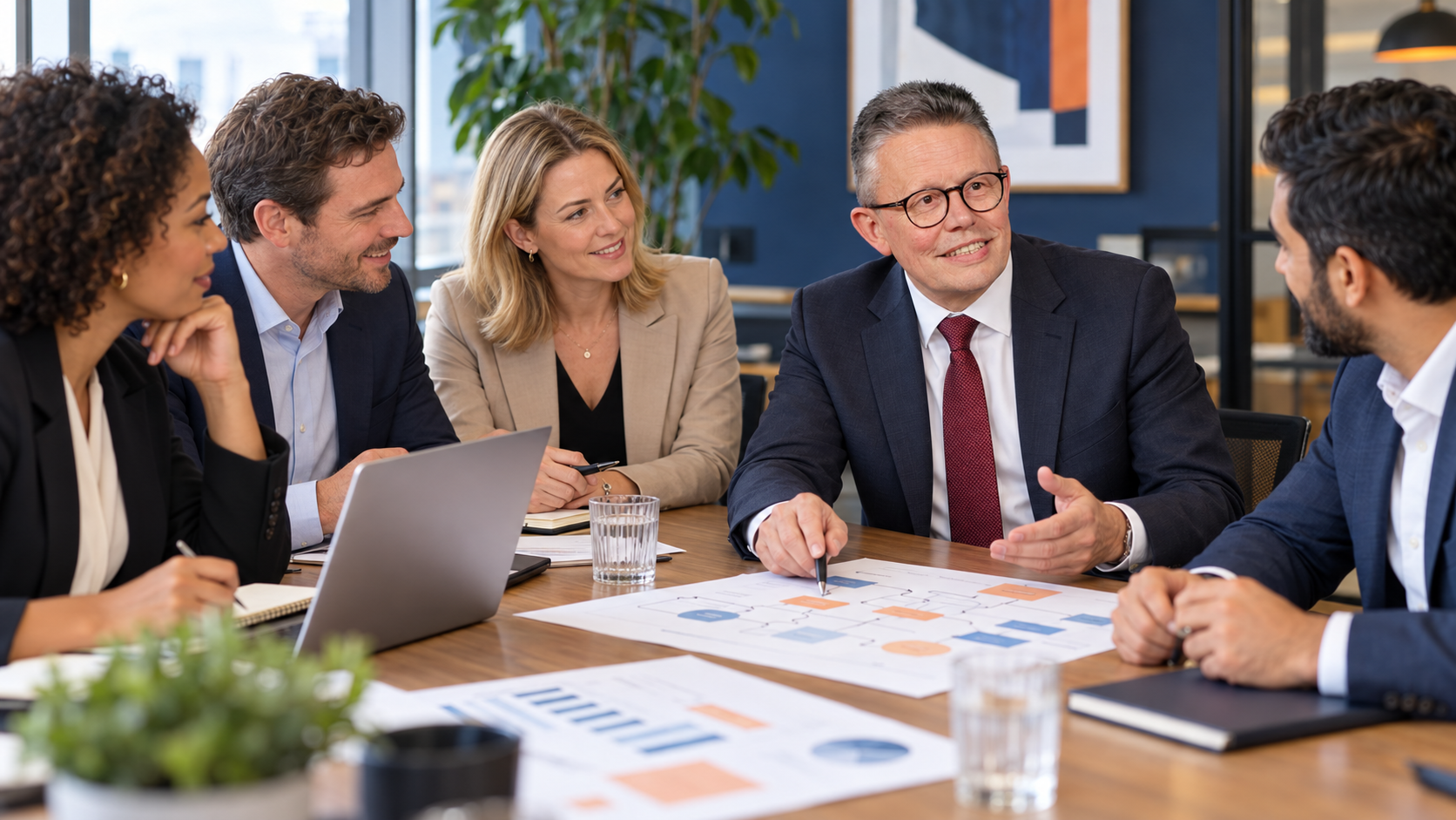 Consultants discussing a process review around a meeting table, including Robert Smith