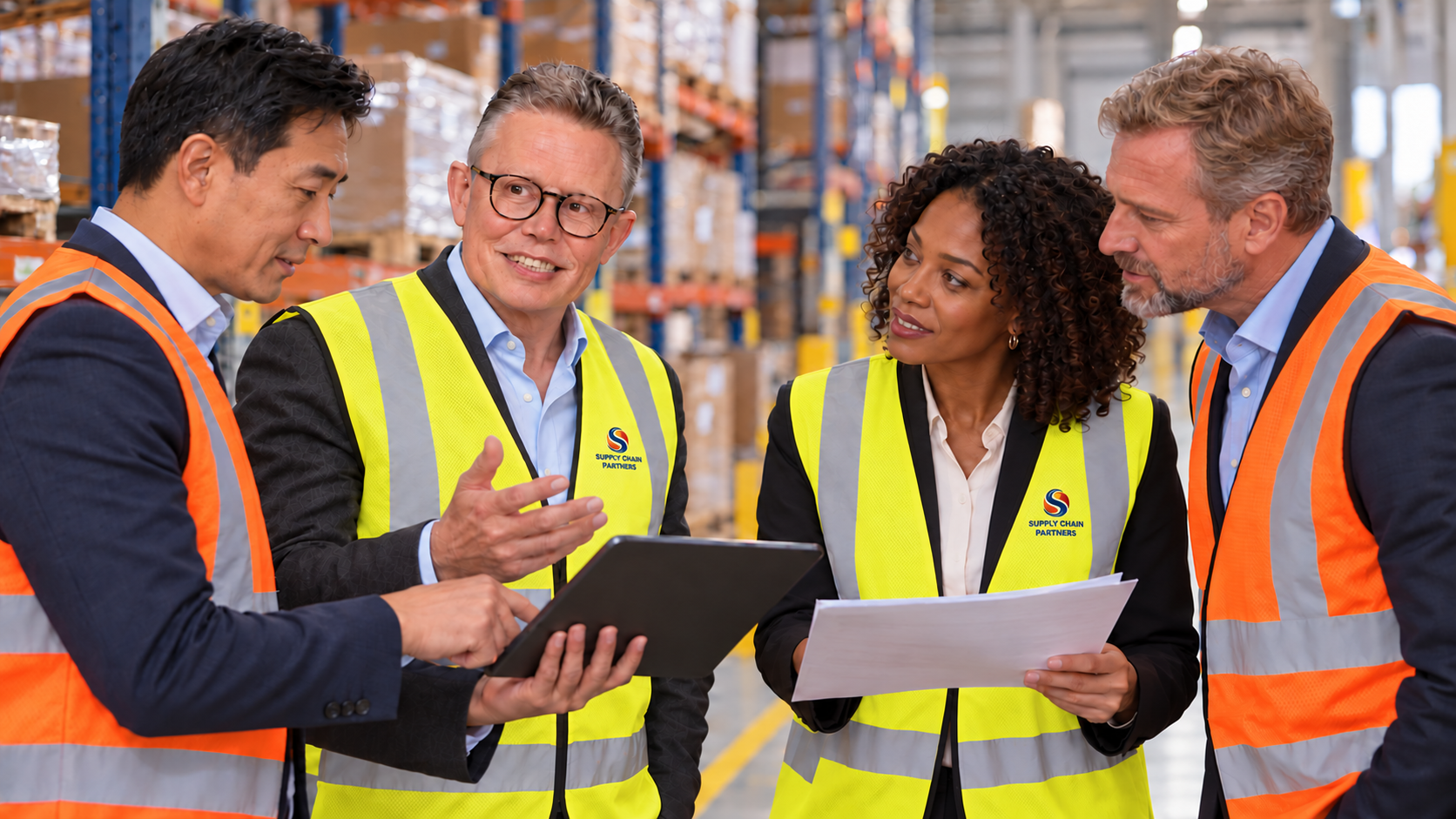 Illustrative warehouse discussion with Robert Smith and colleagues wearing high-visibility clothing